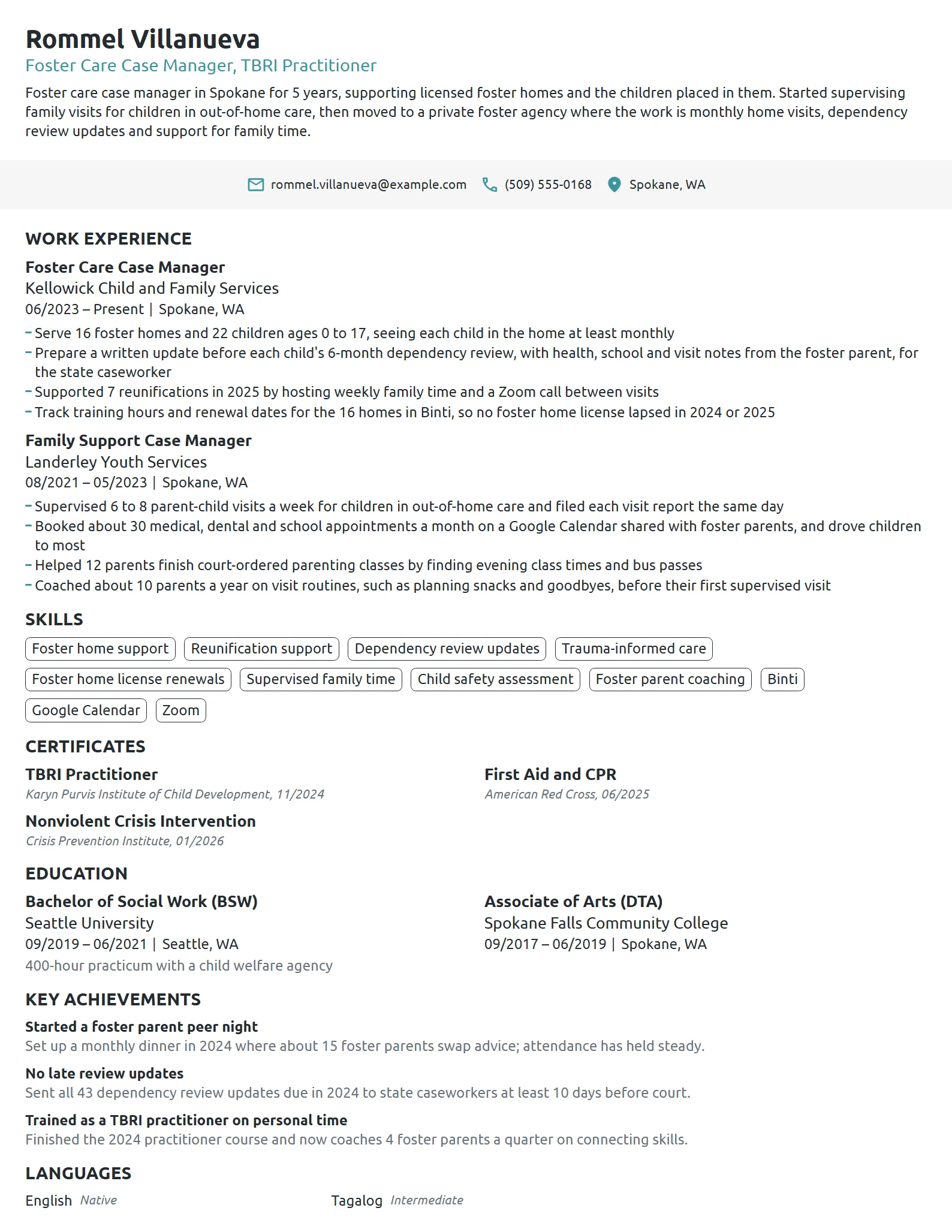 Foster Care Case Manager resume example