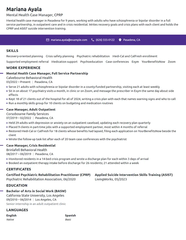 Mental Health Case Manager resume example