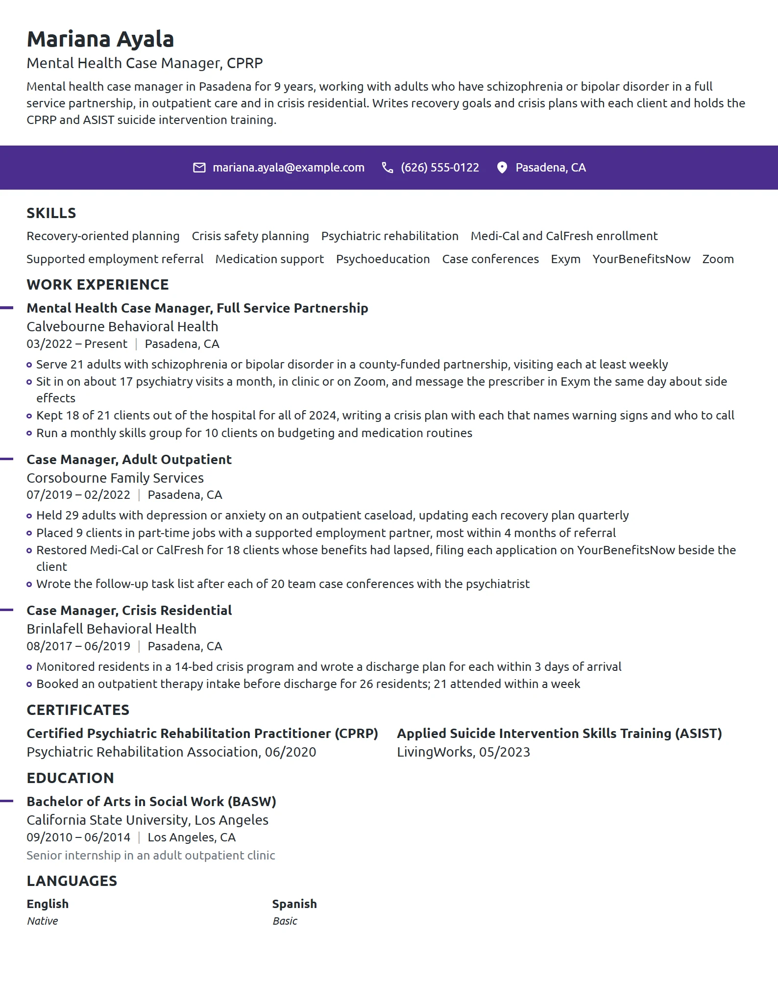 Mental Health Case Manager resume example