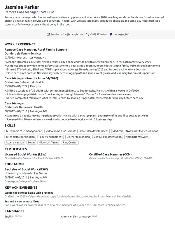 Remote Case Manager resume example