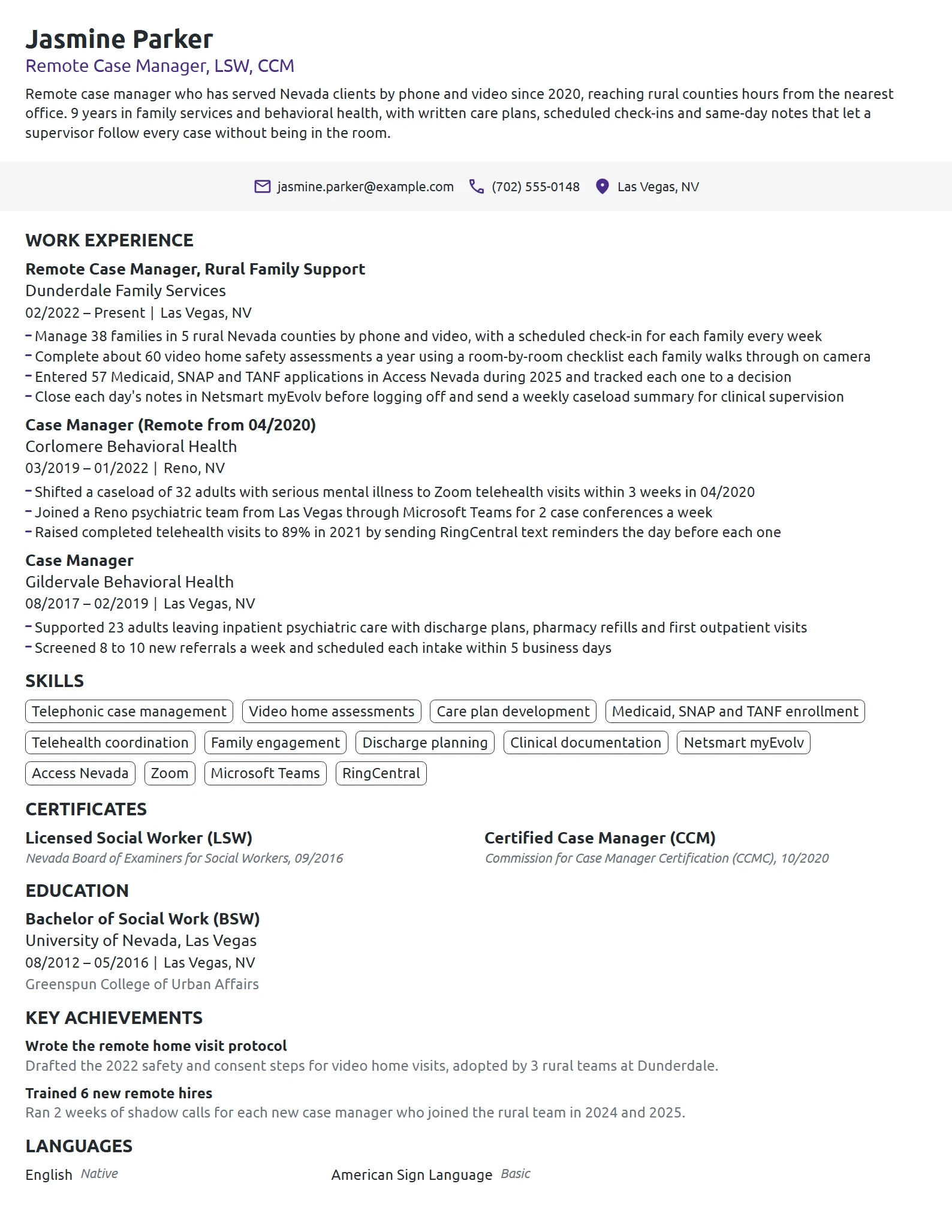 Remote Case Manager resume example