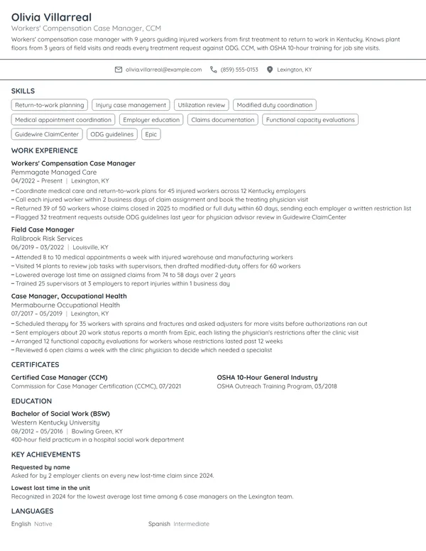 Workers' Compensation Case Manager resume example