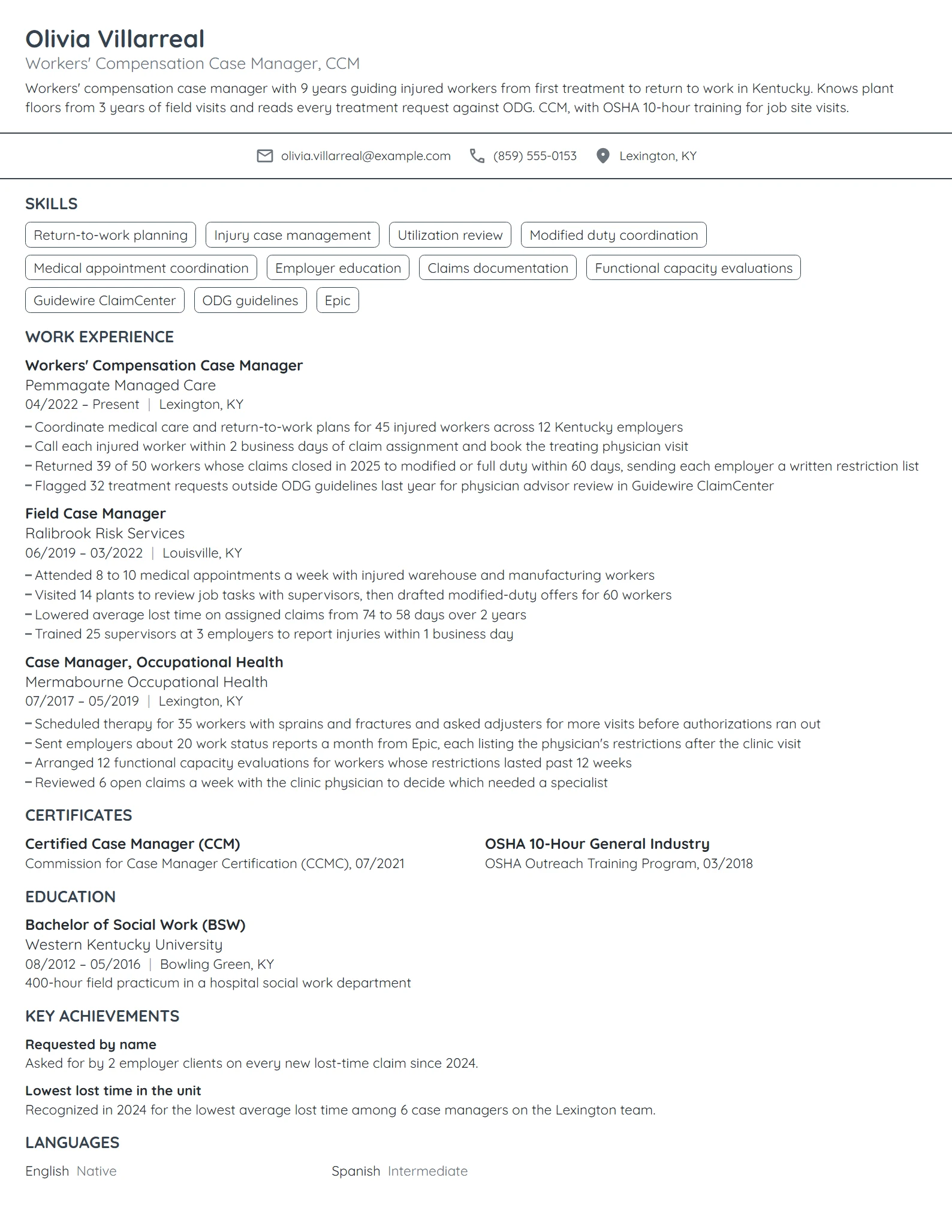 Workers' Compensation Case Manager resume example