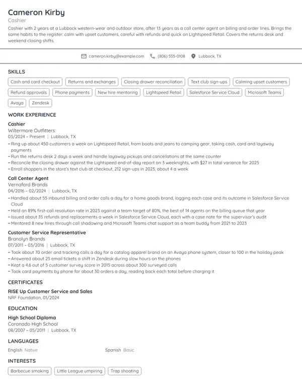 Career Change Cashier resume example
