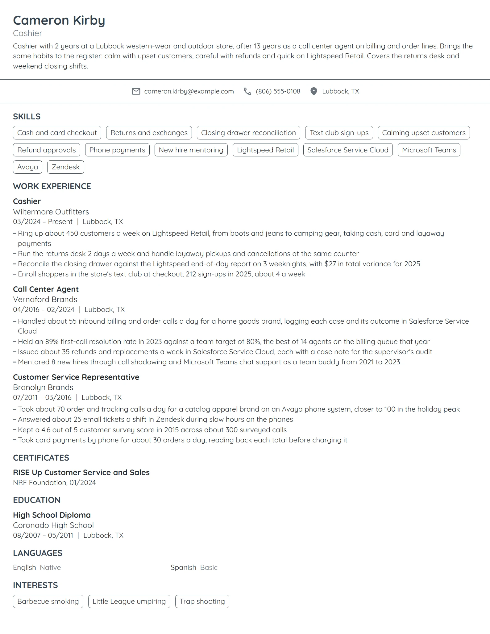 Career Change Cashier resume example