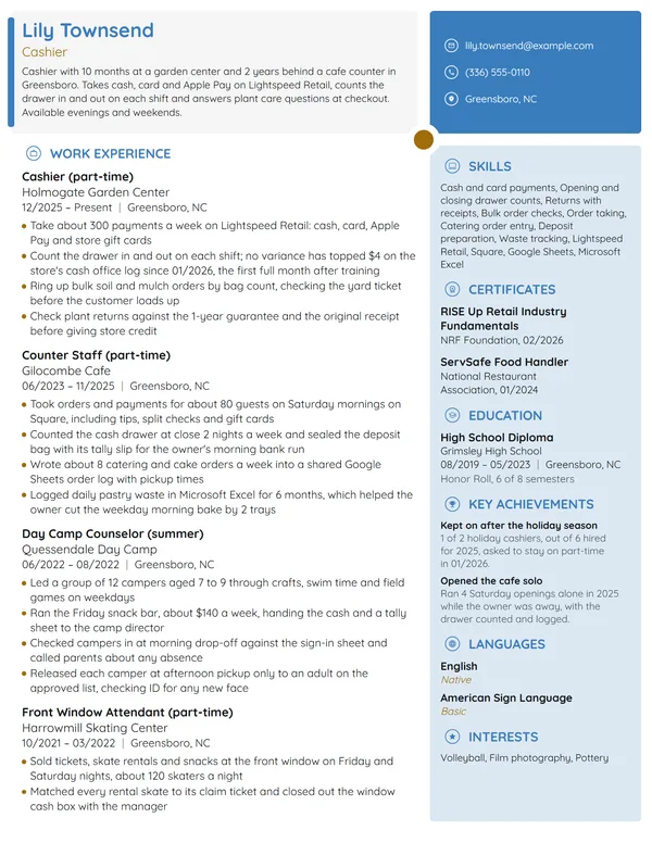 Cashier with No Experience resume example