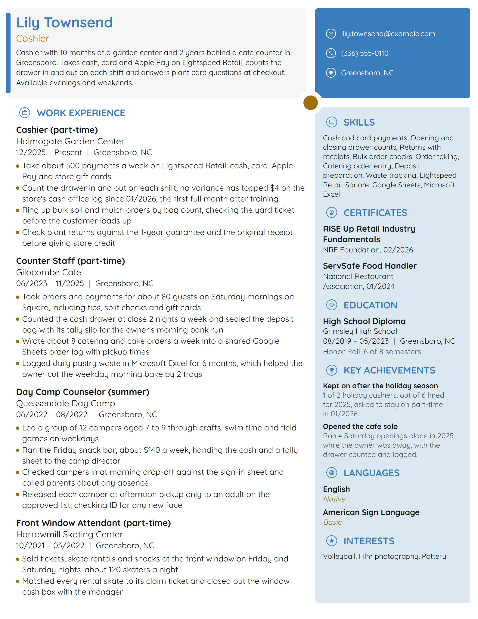 Cashier with No Experience resume example