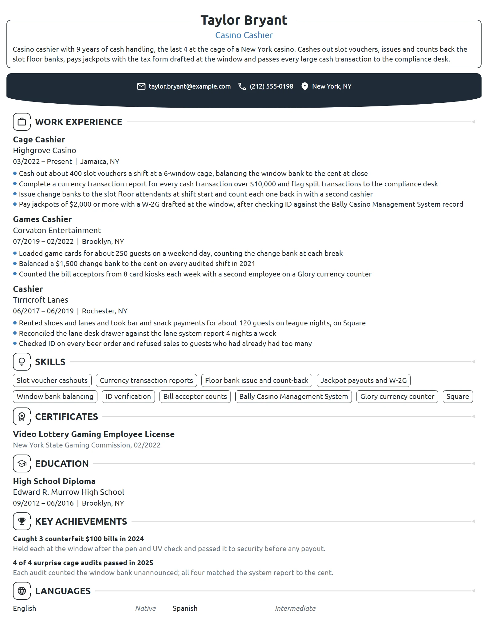 Casino Cashier resume example