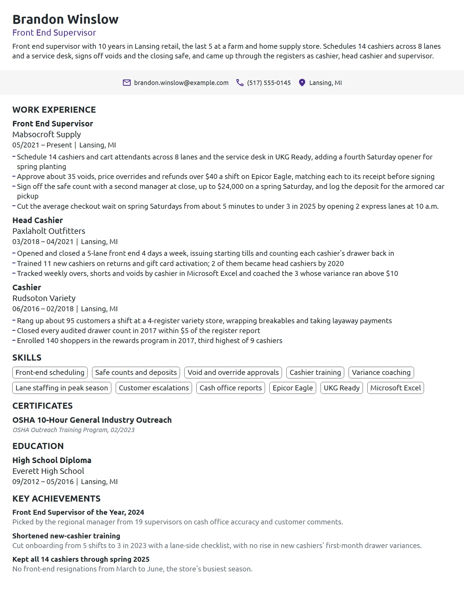 Front End Supervisor resume example