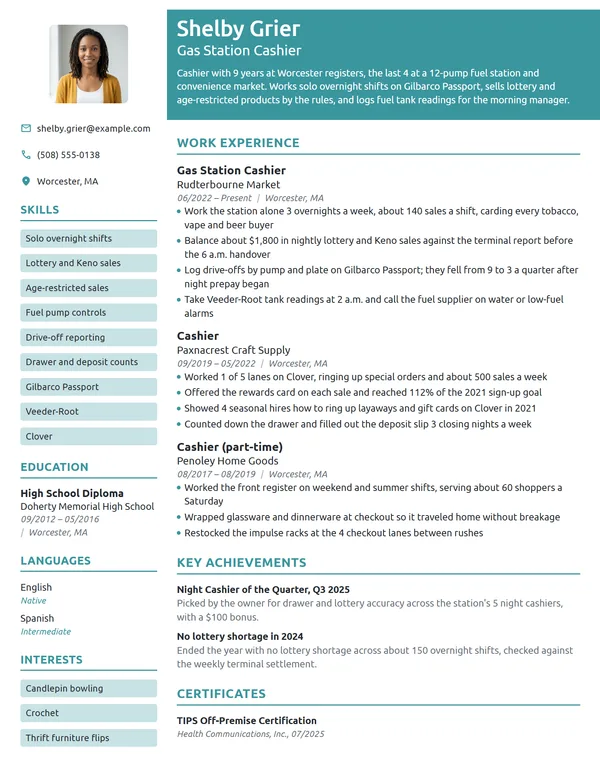 Gas Station Cashier resume example