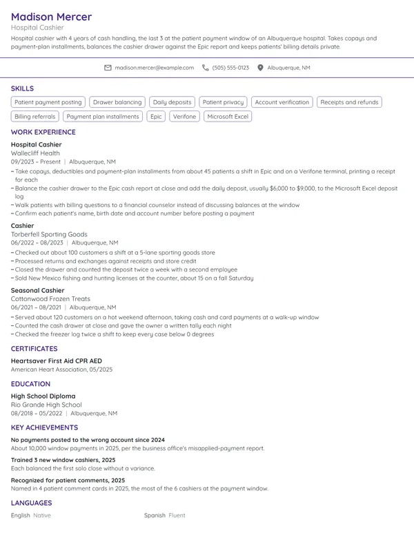 Hospital Cashier resume example
