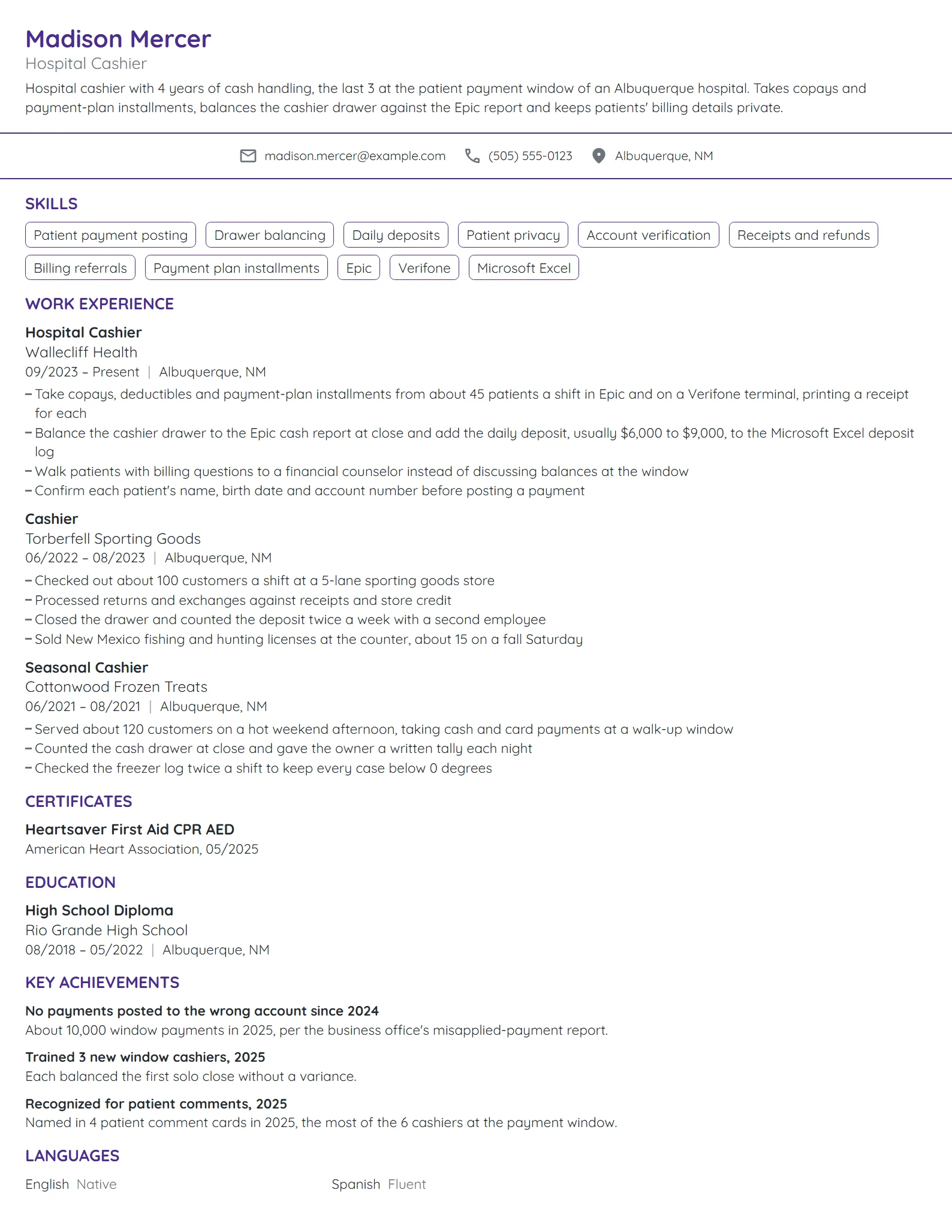 Hospital Cashier resume example