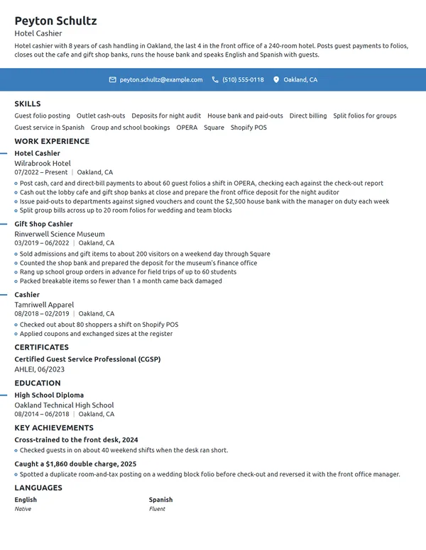 Hotel Cashier resume example