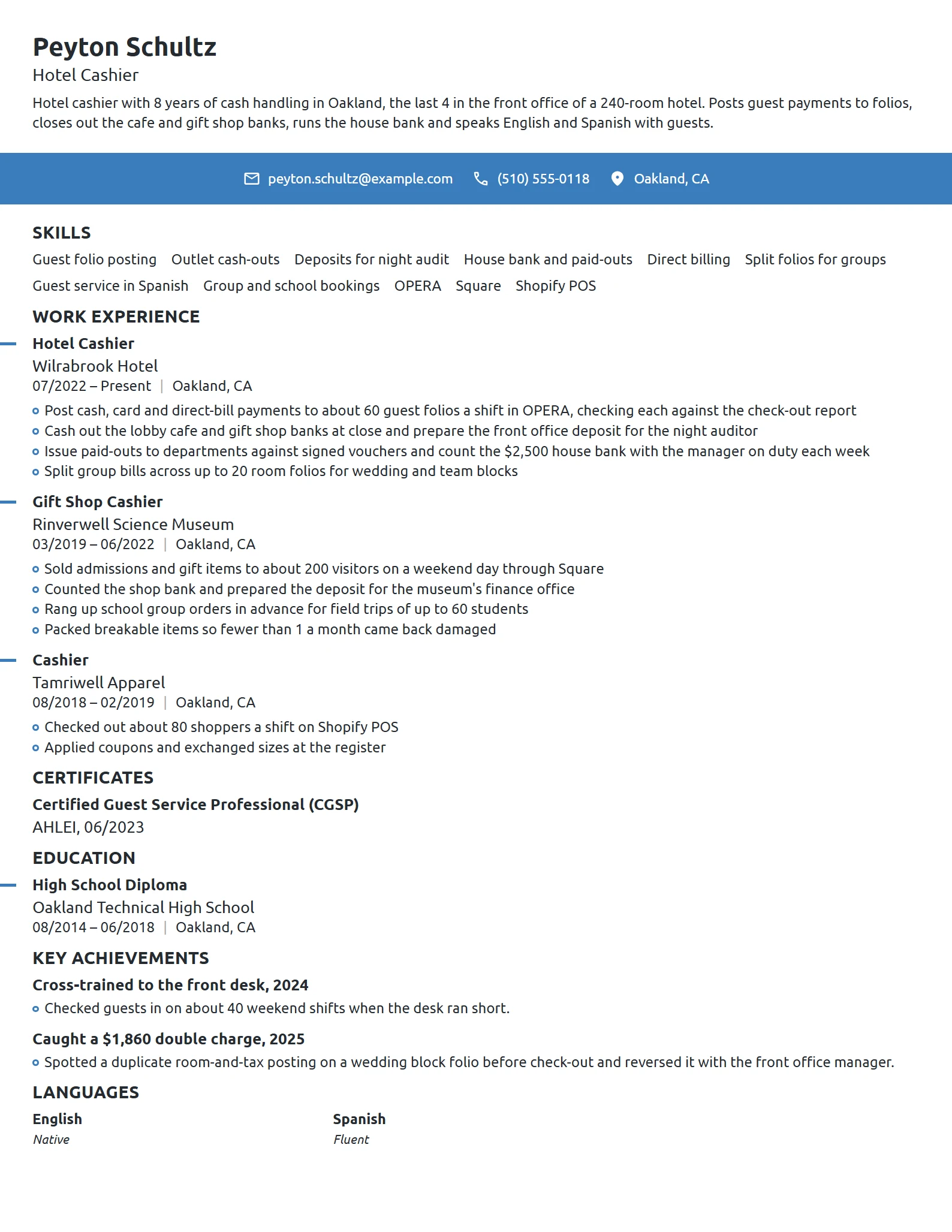 Hotel Cashier resume example