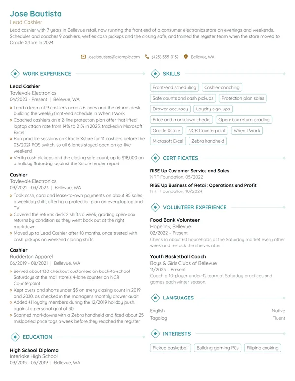 Lead Cashier resume example