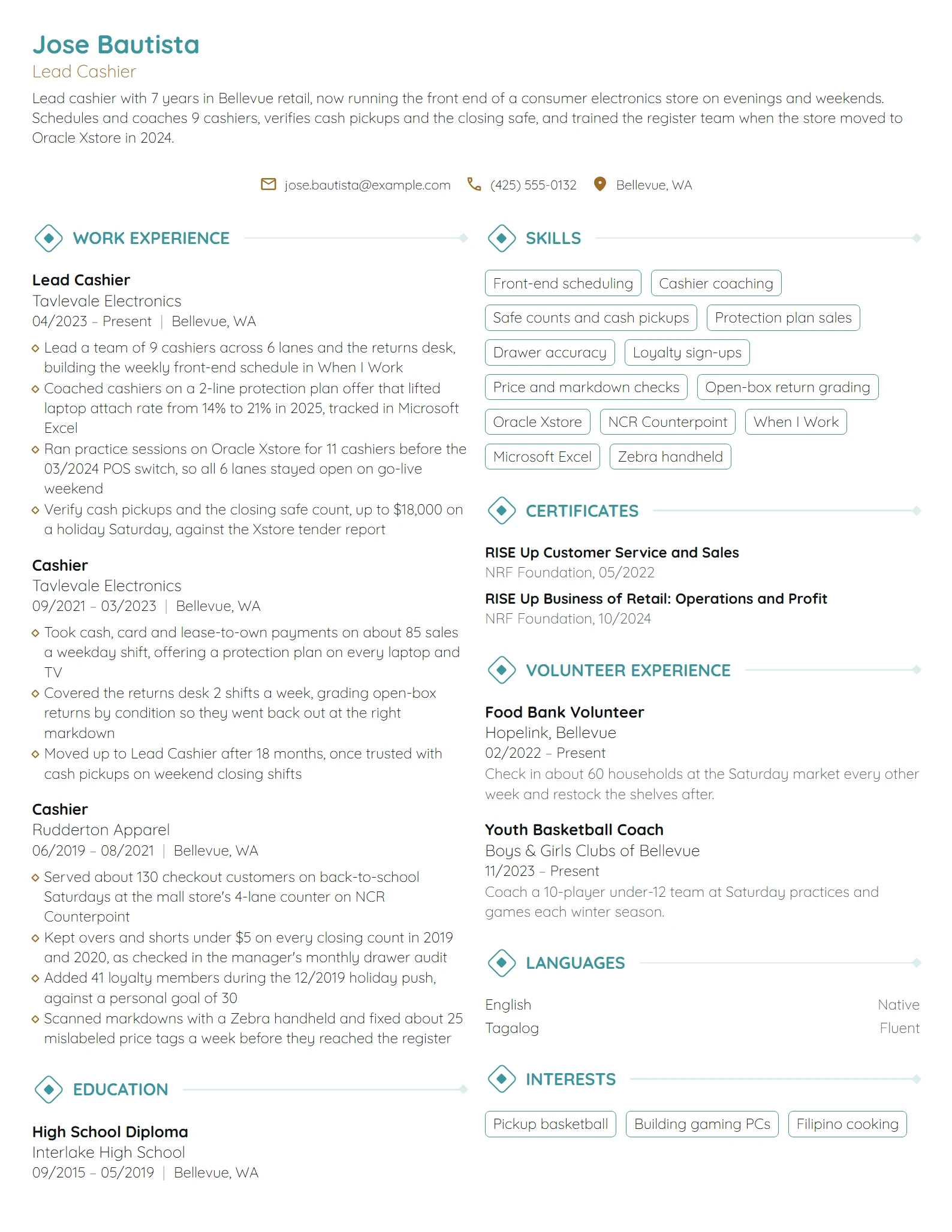 Lead Cashier resume example