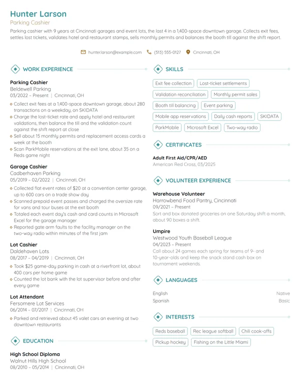 Parking Cashier resume example