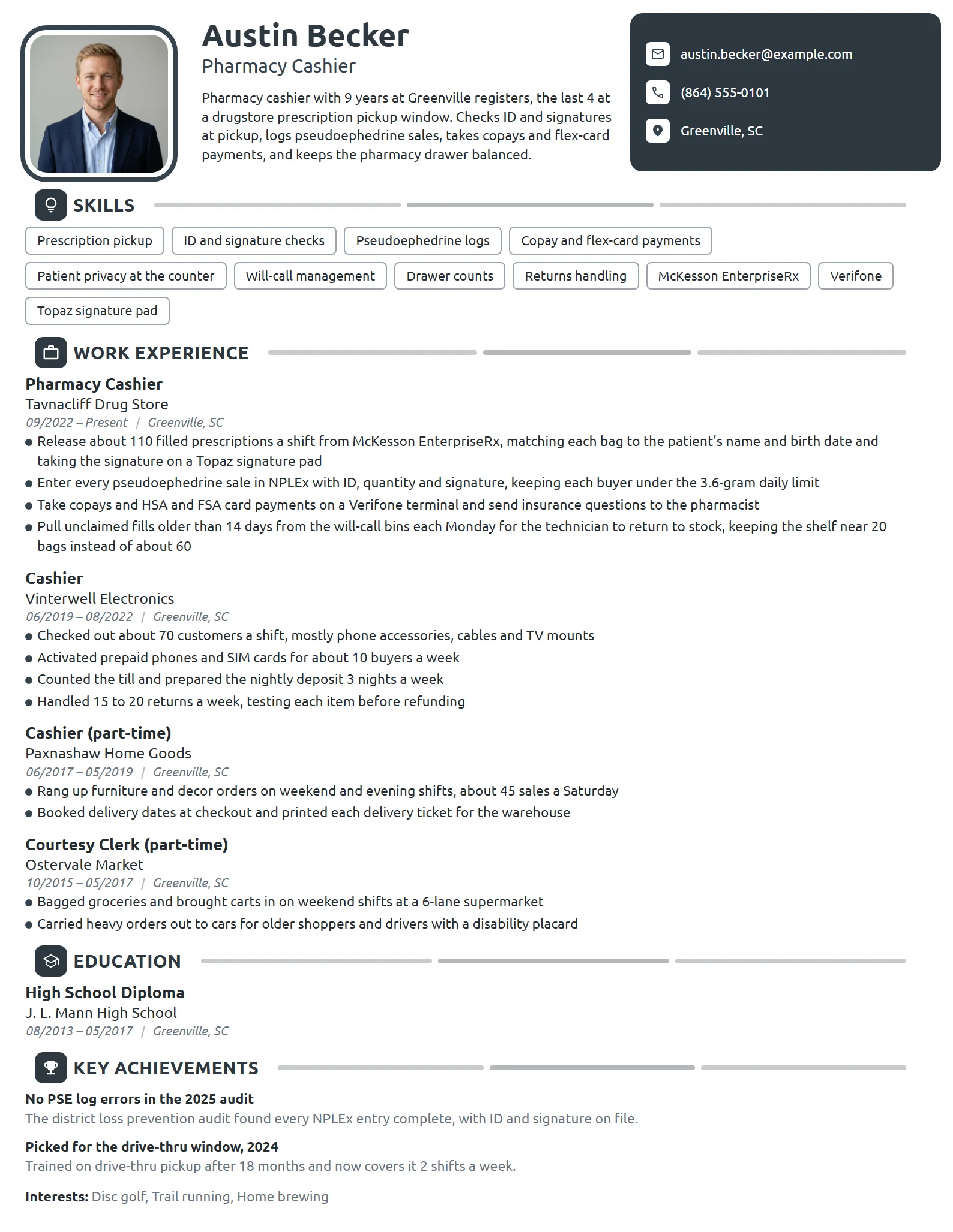 Pharmacy Cashier resume example