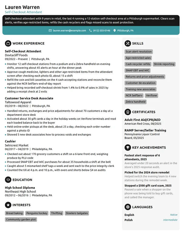 Self-Checkout Attendant resume example