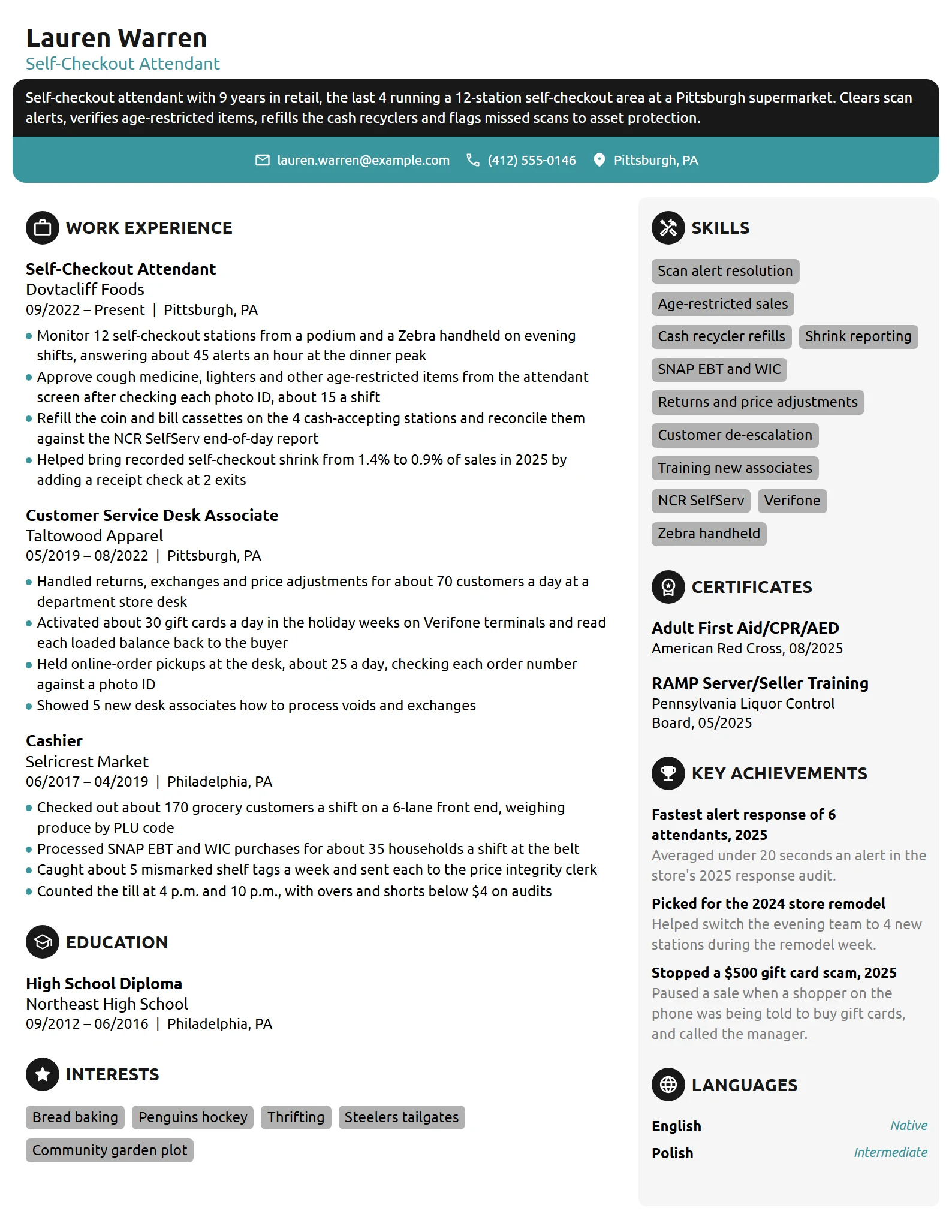 Self-Checkout Attendant resume example