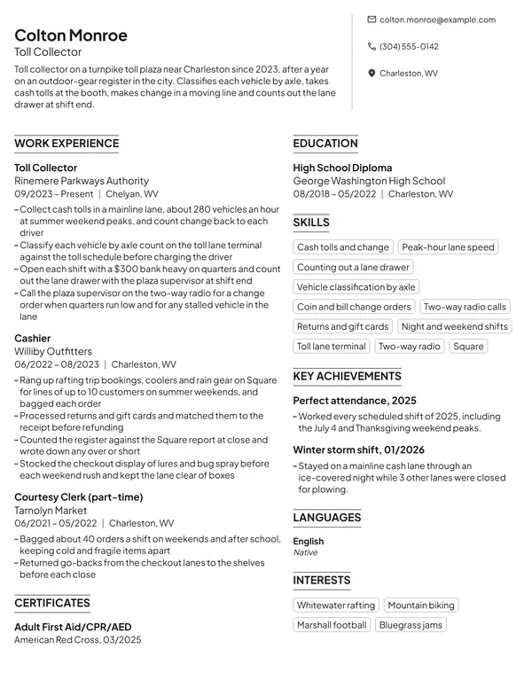 Toll Collector resume example