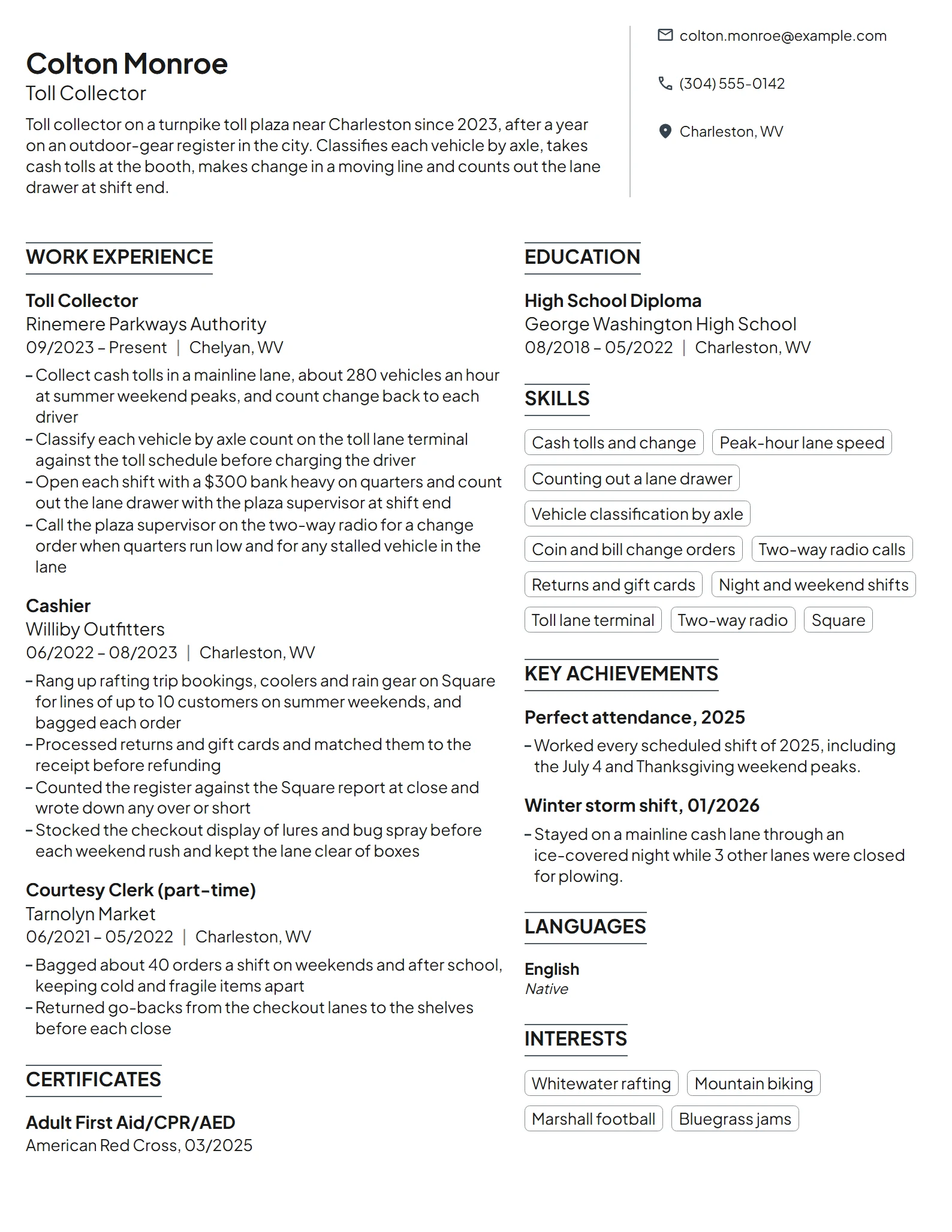 Toll Collector resume example
