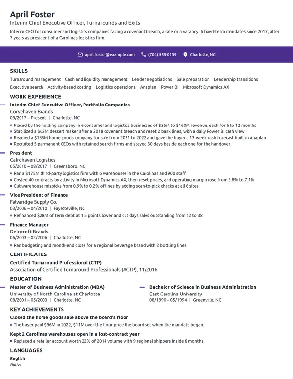 Interim CEO resume example
