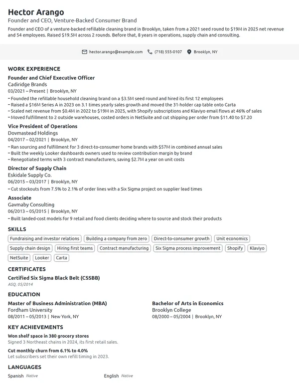 Startup CEO resume example