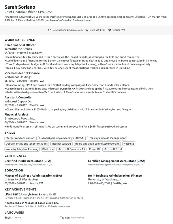 CFO resume example