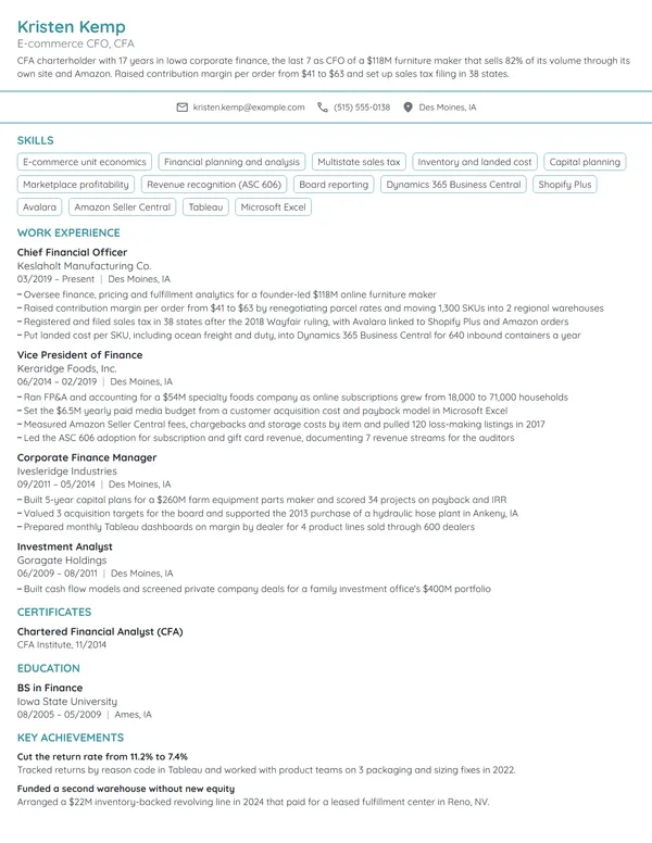 E-commerce CFO resume example