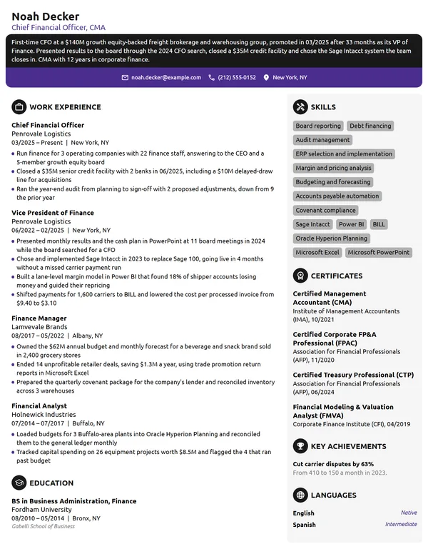 First-Time CFO resume example