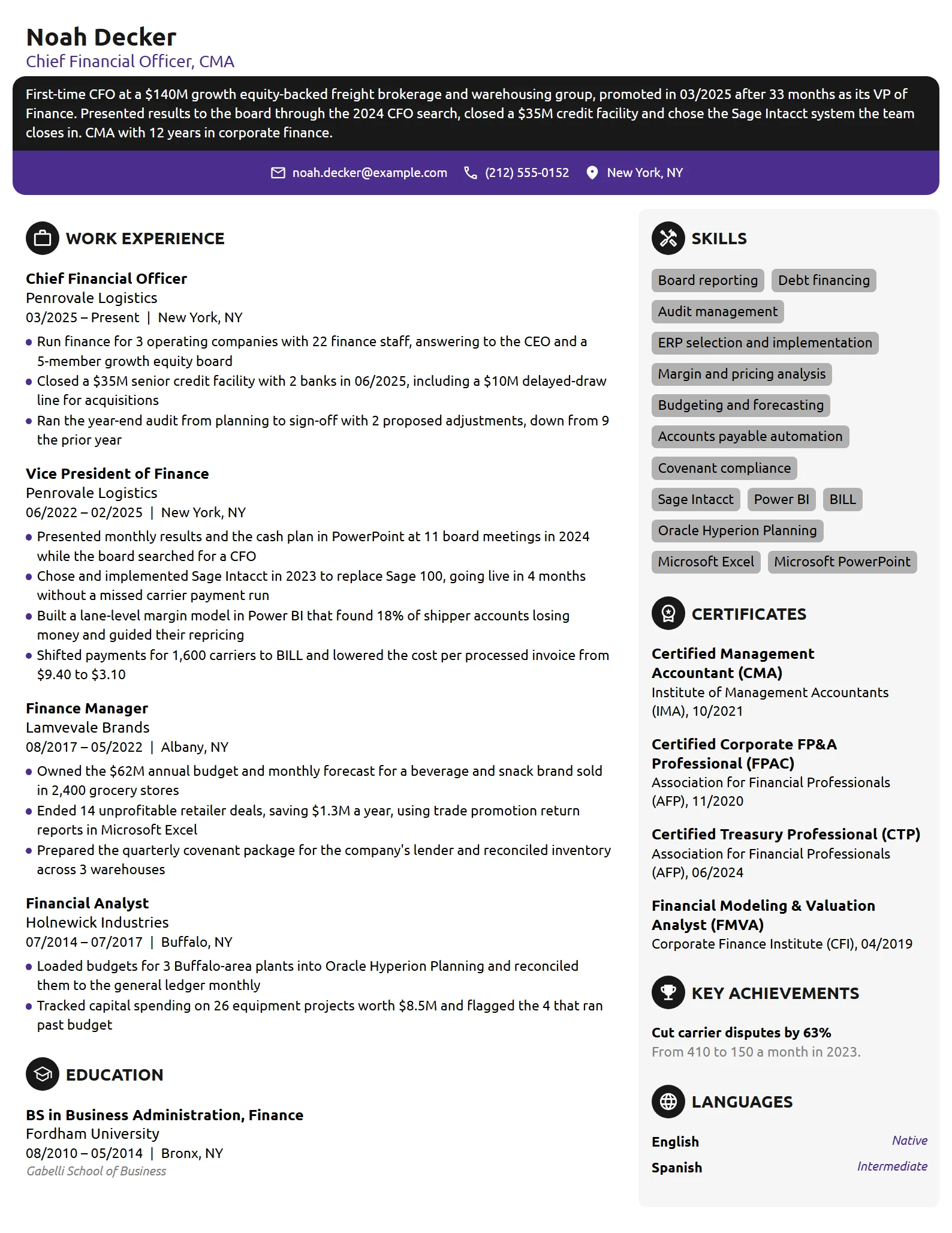 First-Time CFO resume example