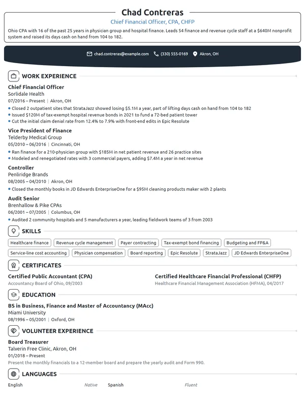 Healthcare CFO resume example