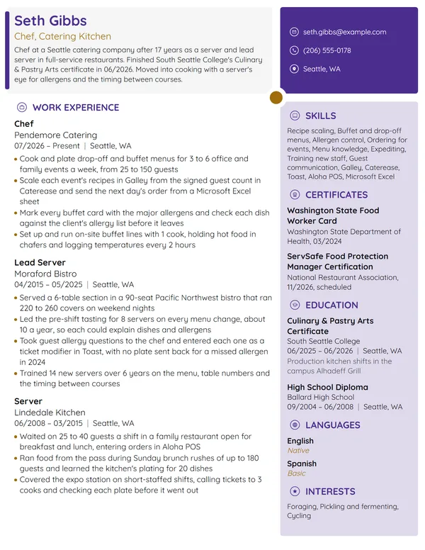 Career Change Chef resume example
