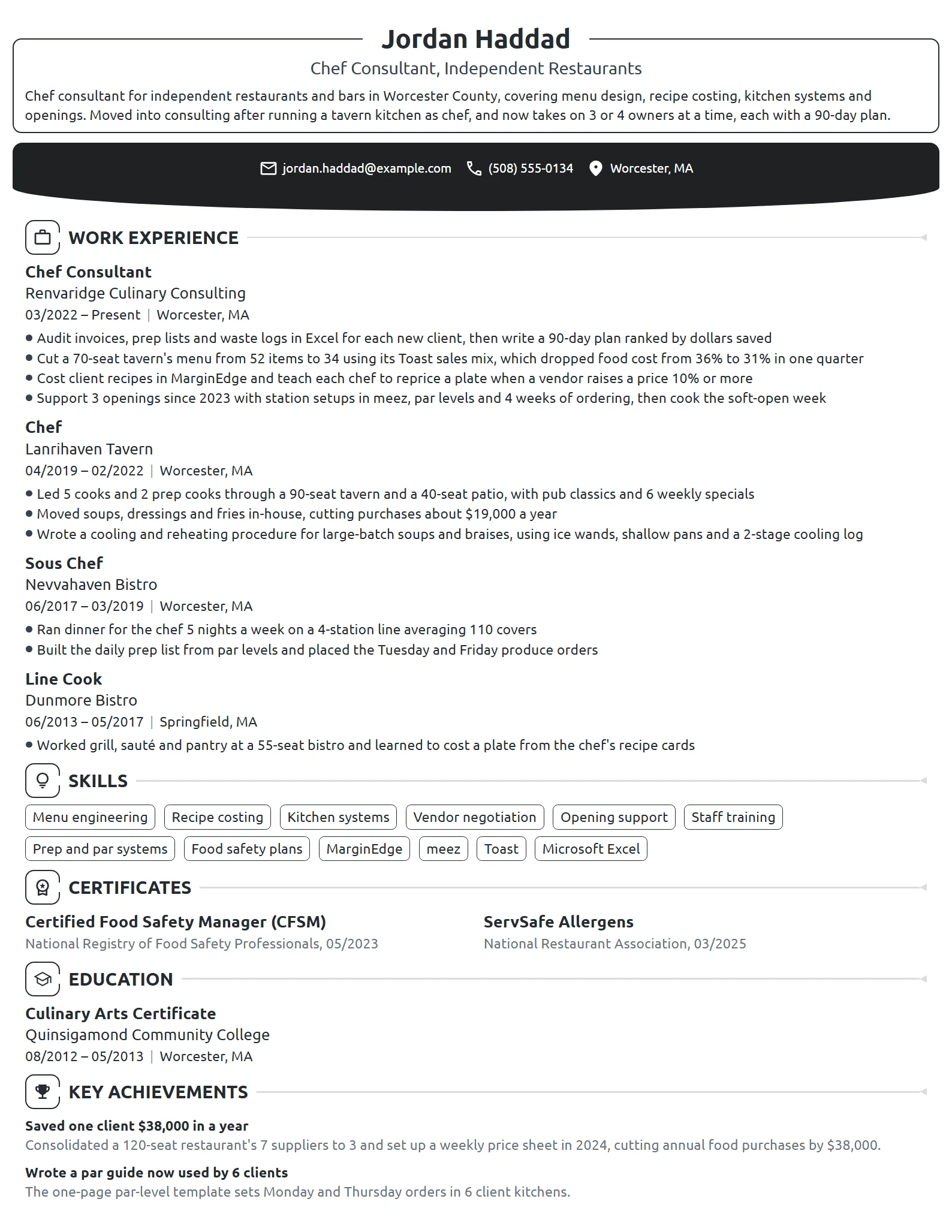 Chef Consultant resume example