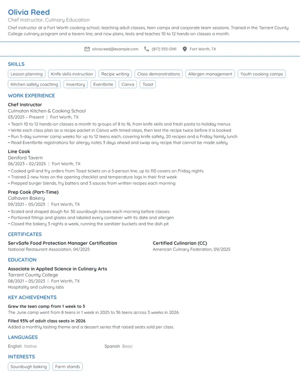 Chef Instructor resume example