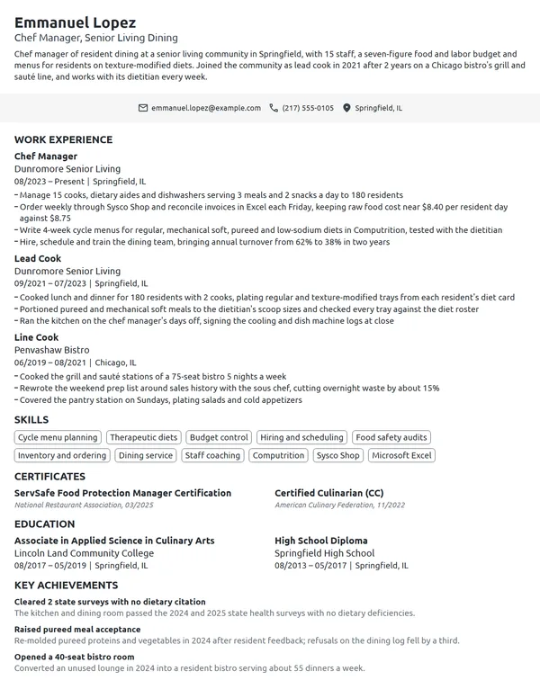Chef Manager resume example