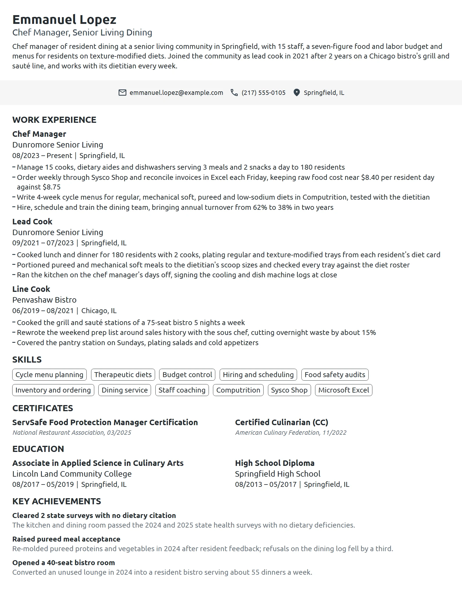 Chef Manager resume example