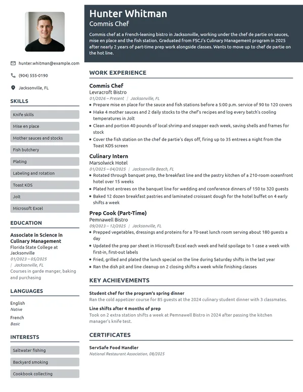 Commis Chef resume example