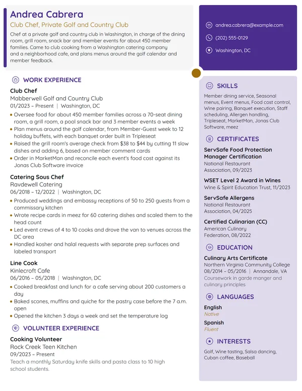 Country Club Chef resume example