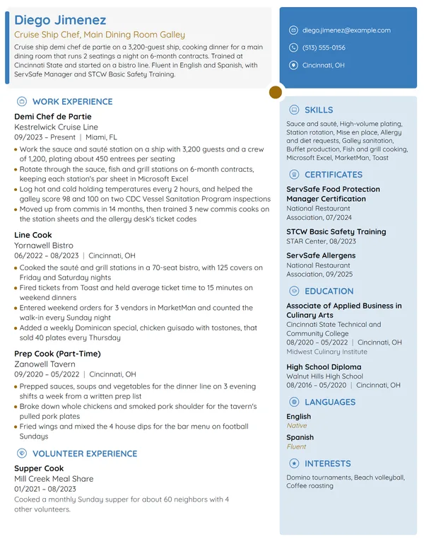 Cruise Ship Chef resume example
