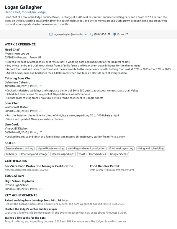 Head Chef resume example