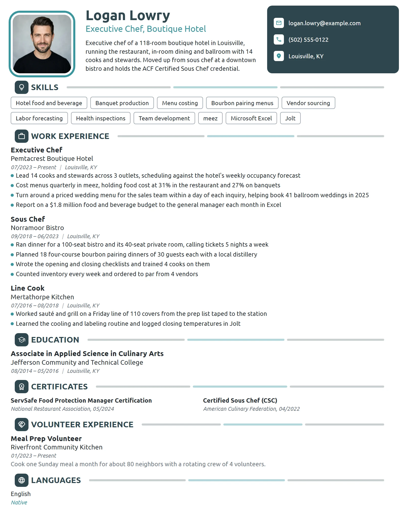 Hotel Executive Chef resume example
