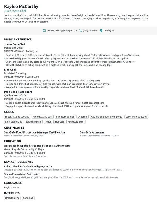 Junior Sous Chef resume example