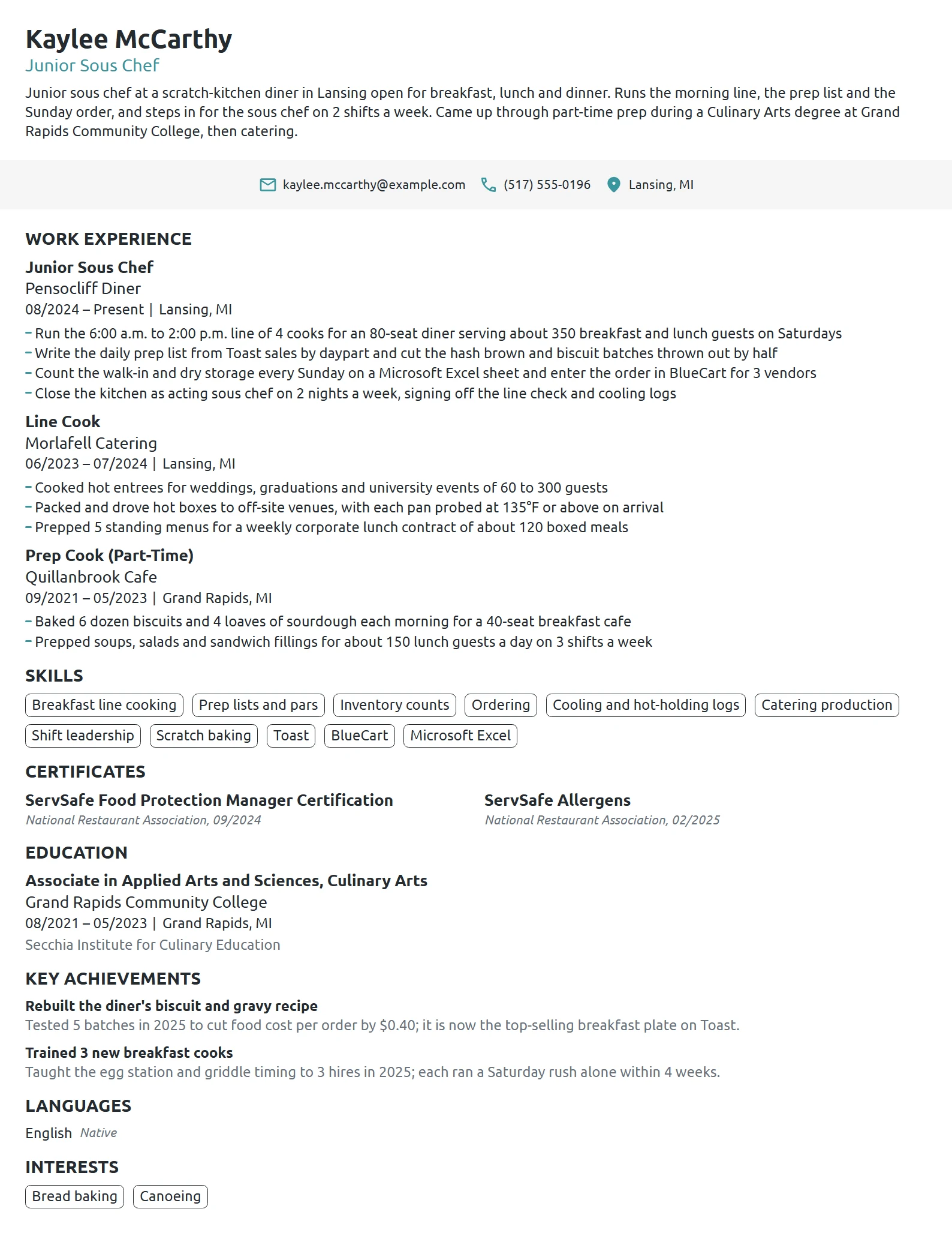 Junior Sous Chef resume example