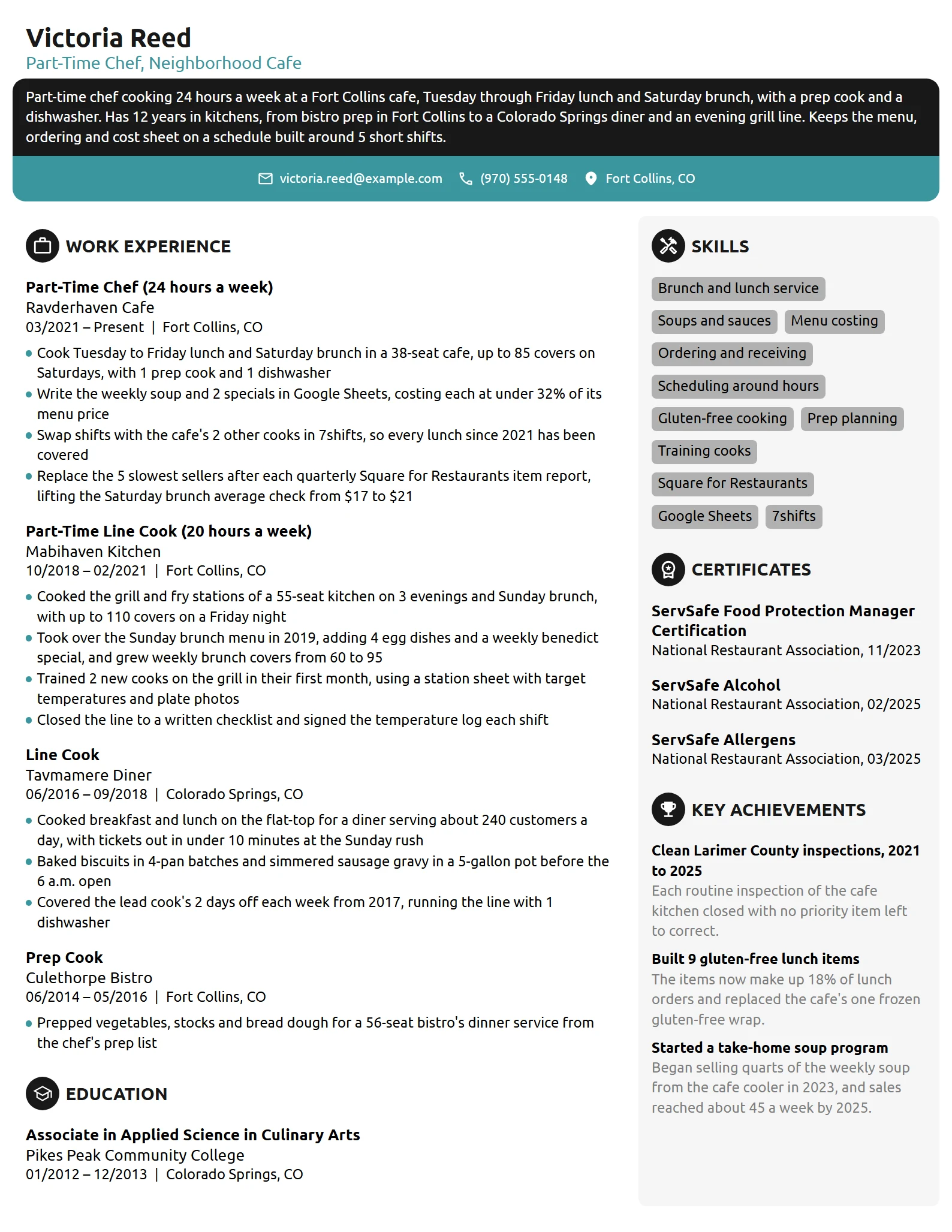 Part-Time Chef resume example