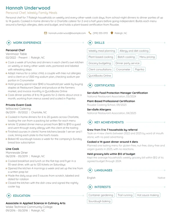Personal Chef resume example