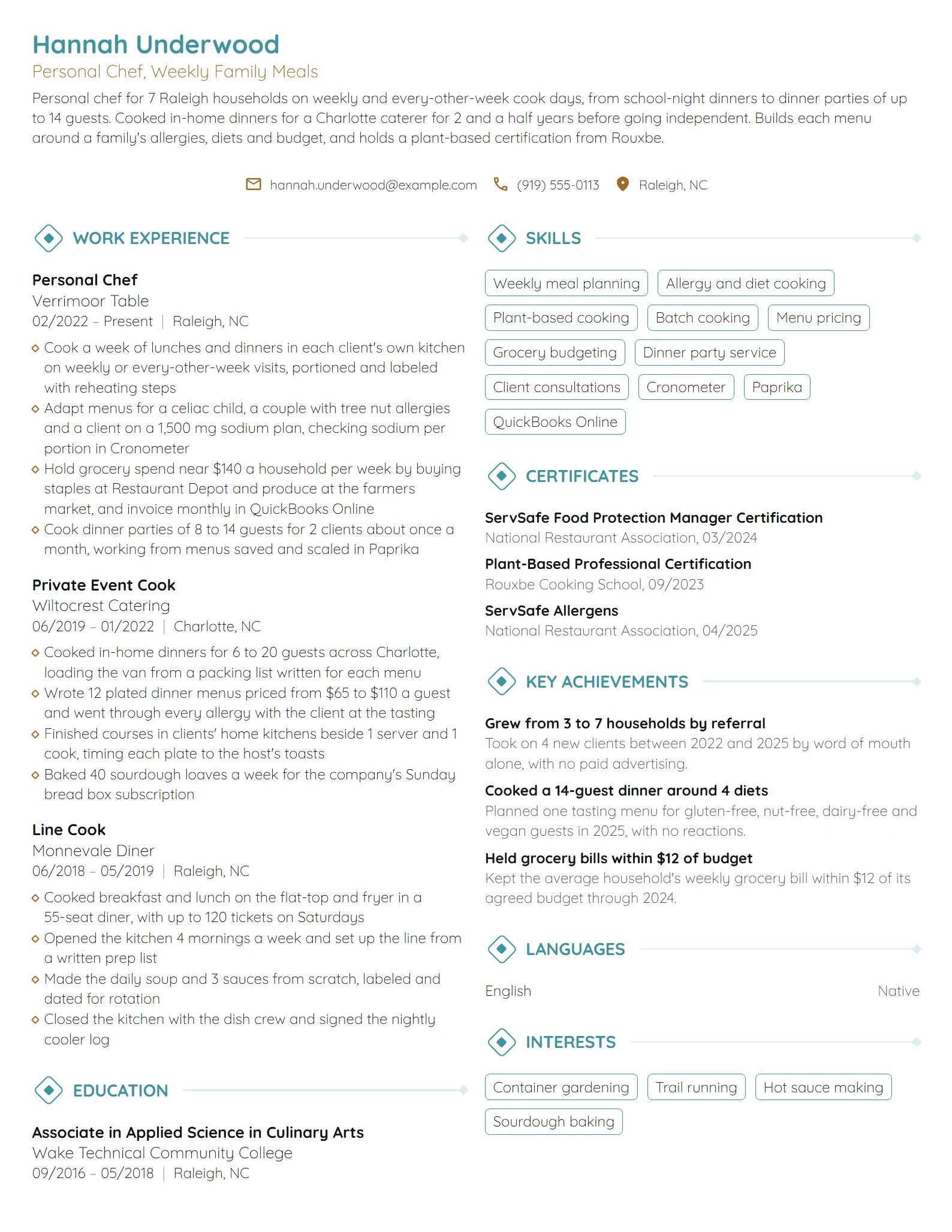 Personal Chef resume example
