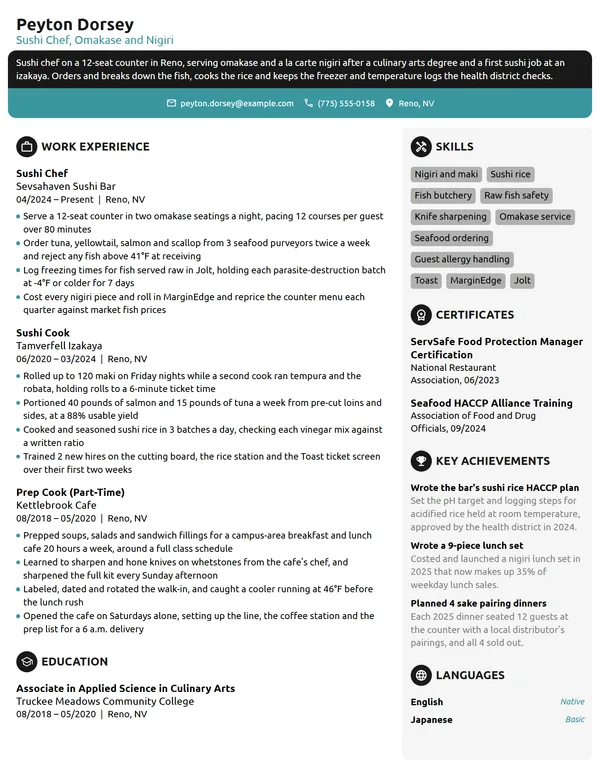 Sushi Chef resume example