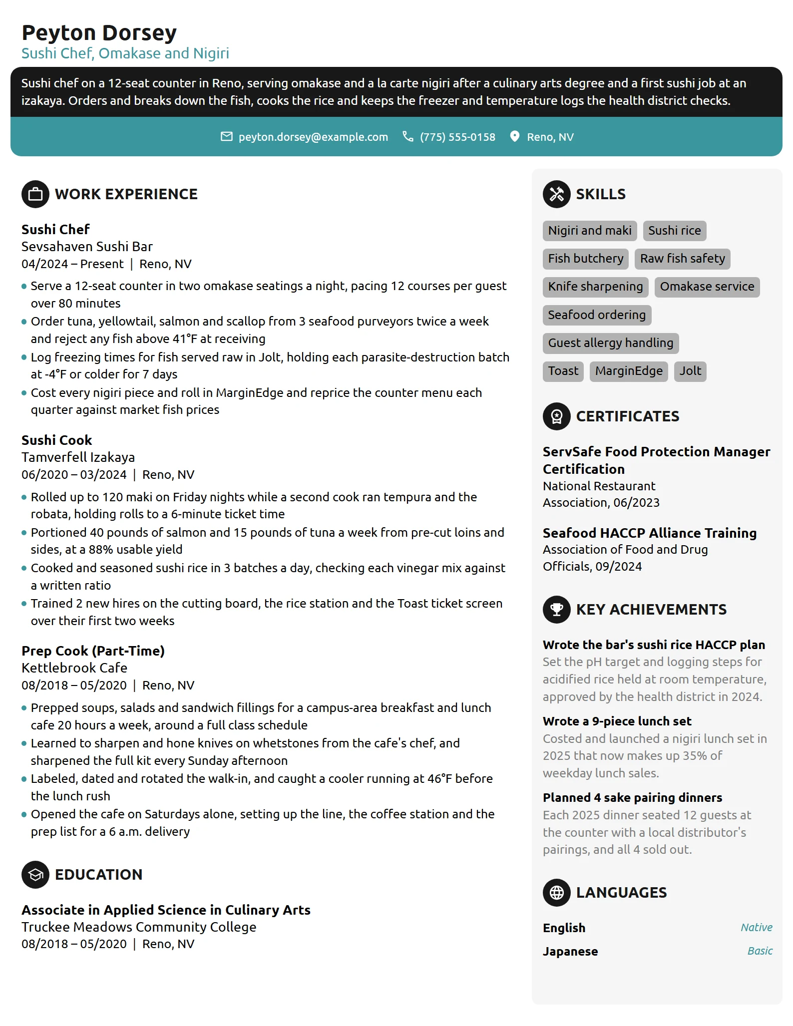 Sushi Chef resume example
